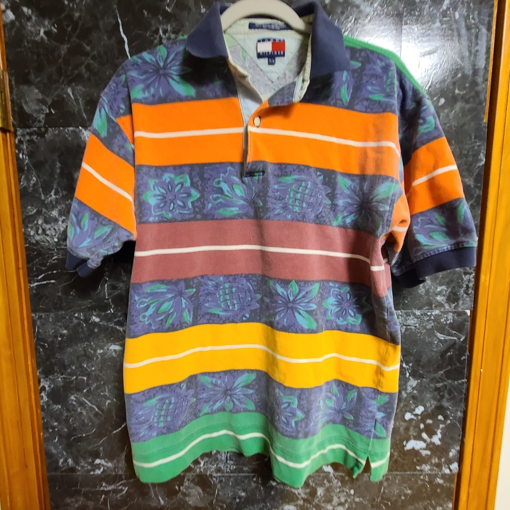 Vintage 90s Floral/Blue/Orange Striped Polo Shirt Size S